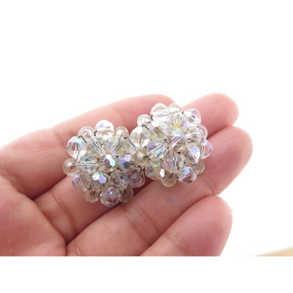Vintage Beaded Aurora Borealis Crystal Cluster Clip-on Earrings